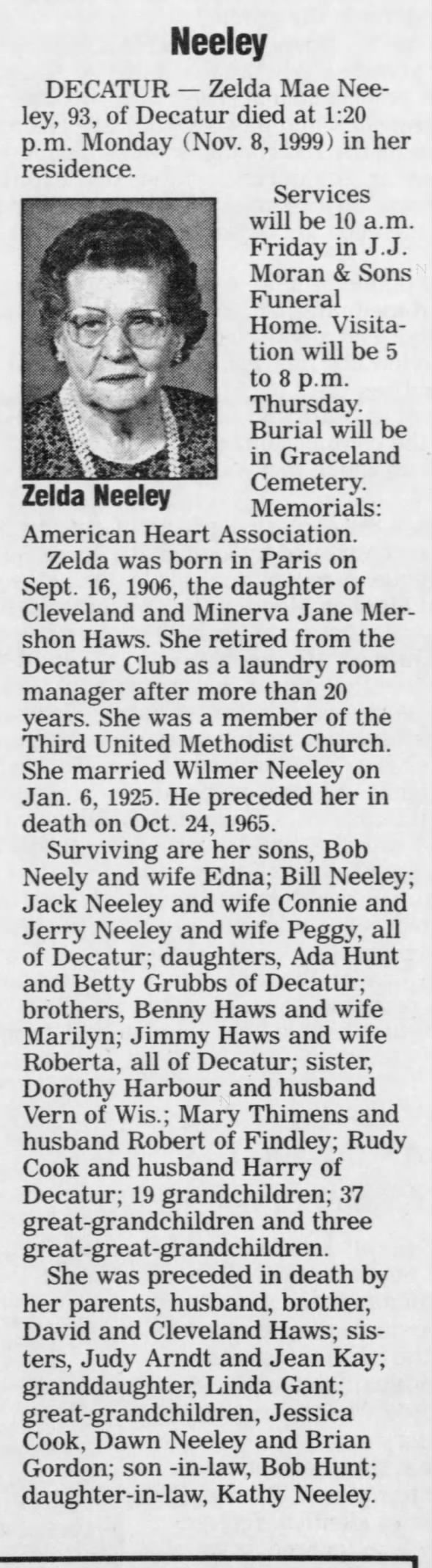Obituary for Zelda Mae Neeley, 1906-1999 (Aged 93)